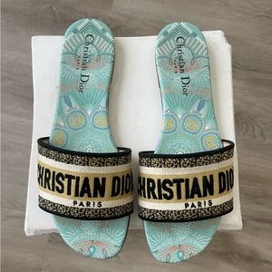Christian Dior In Lights Dway Turquoise Embroidered Logo Slide Flat Sandals